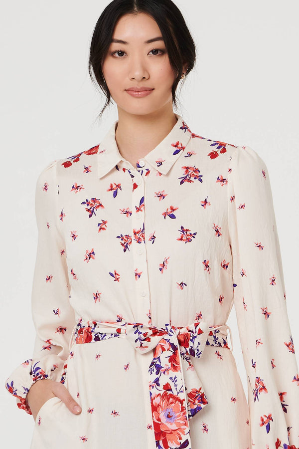 Pink | Floral Border Tie Waist Midi Shirt Dress