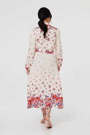Pink | Floral Border Tie Waist Midi Shirt Dress