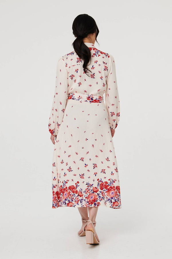 Pink | Floral Border Tie Waist Midi Shirt Dress