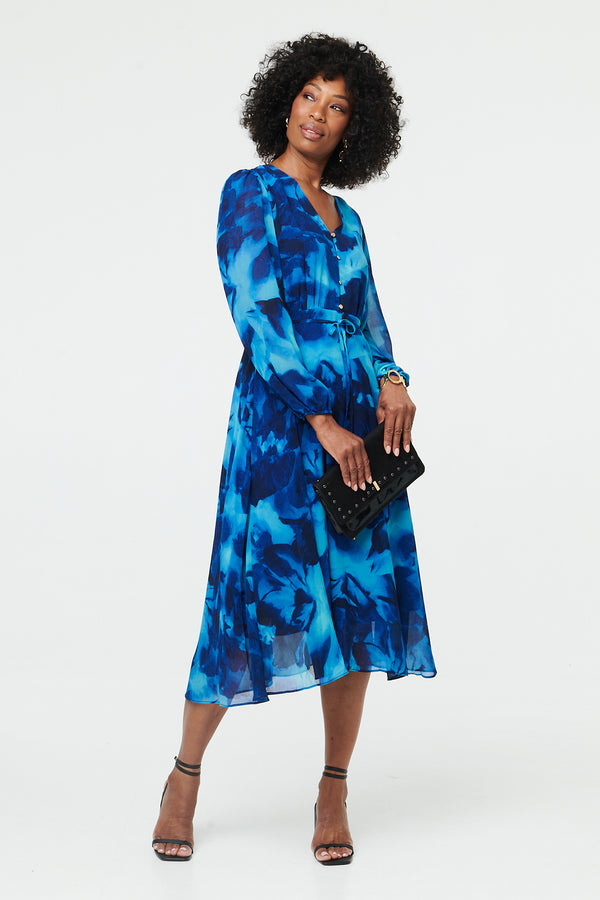 Blue | Printed Semi Sheer Layered Midi Dress