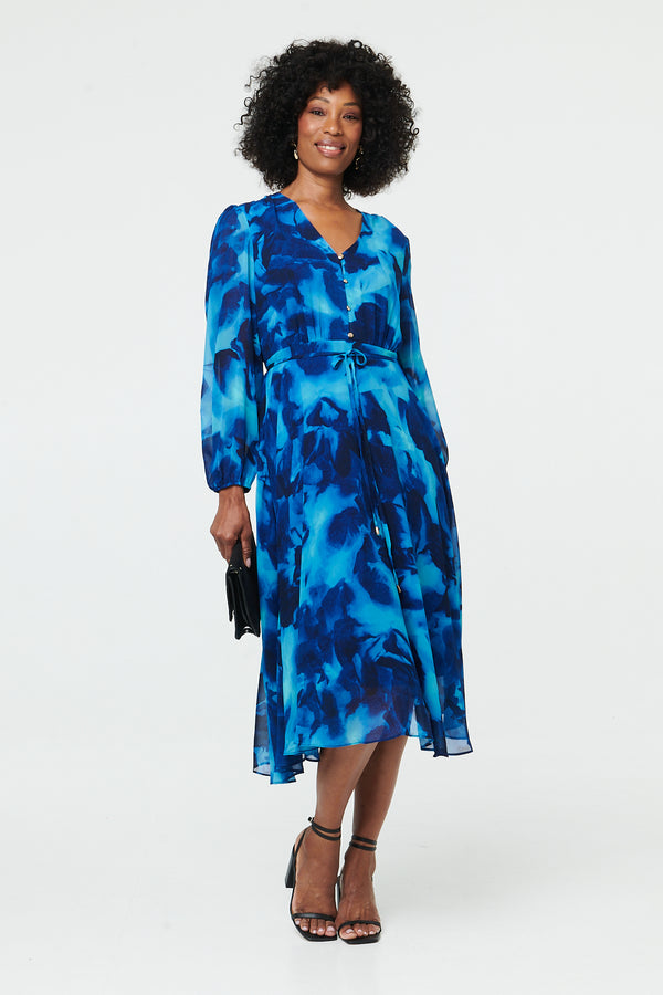 Blue | Printed Semi Sheer Layered Midi Dress