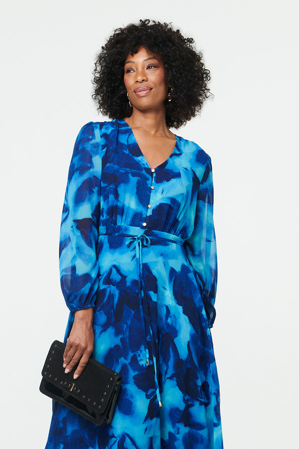 Blue | Printed Semi Sheer Layered Midi Dress