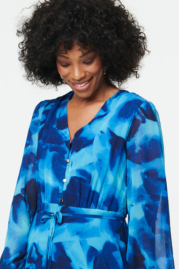 Blue | Printed Semi Sheer Layered Midi Dress