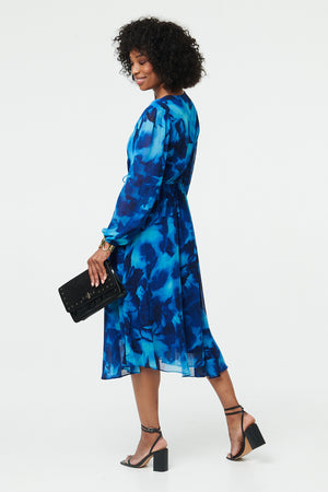 Blue | Printed Semi Sheer Layered Midi Dress