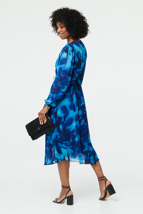 Blue | Printed Semi Sheer Layered Midi Dress