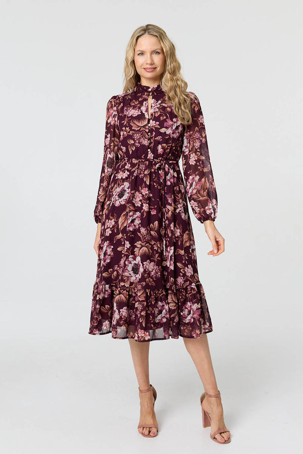 Burgundy | Floral Semi Sheer Mesh Layer Midi Dress