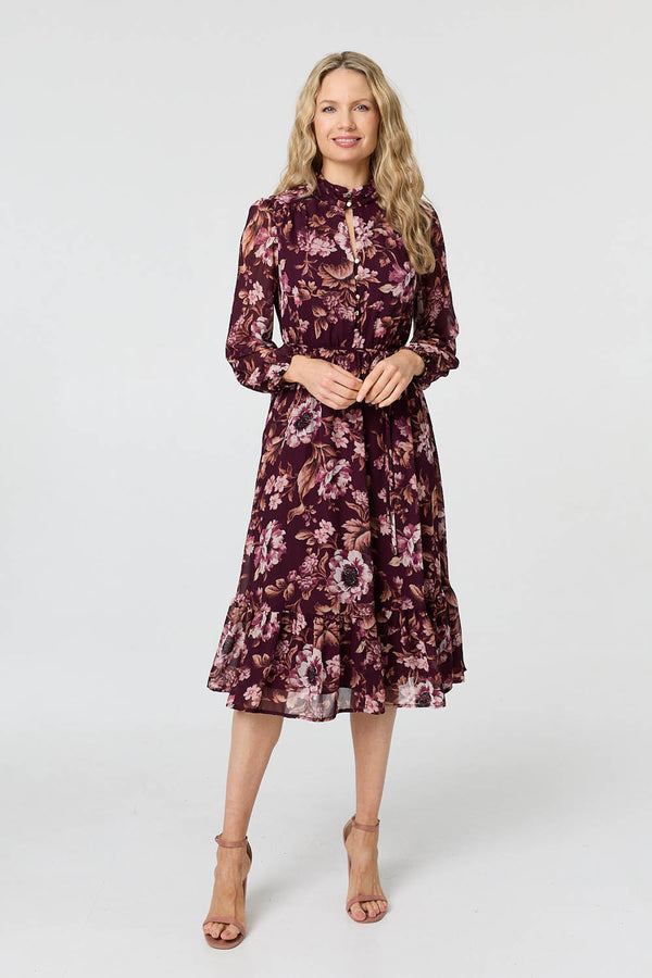 Burgundy | Floral Semi Sheer Mesh Layer Midi Dress