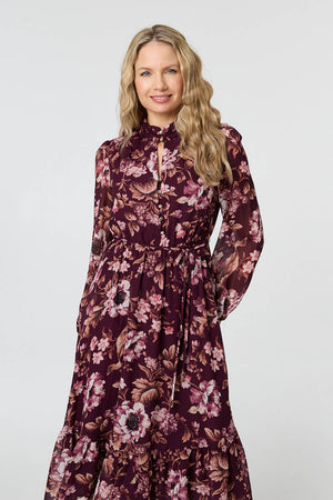 Burgundy | Floral Semi Sheer Mesh Layer Midi Dress
