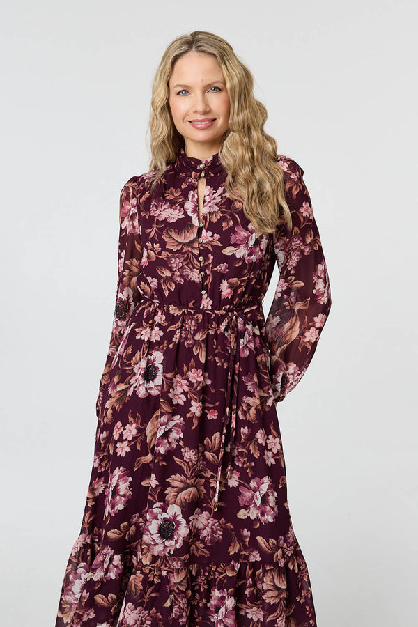 Burgundy | Floral Semi Sheer Mesh Layer Midi Dress