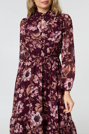Burgundy | Floral Semi Sheer Mesh Layer Midi Dress