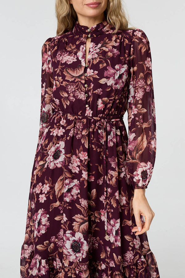 Burgundy | Floral Semi Sheer Mesh Layer Midi Dress