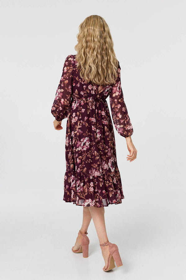 Burgundy | Floral Semi Sheer Mesh Layer Midi Dress
