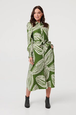 Green | Printed Balloon Sleeve Midi Shirt Dress