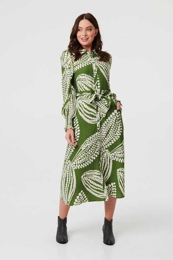 Green | Printed Balloon Sleeve Midi Shirt Dress