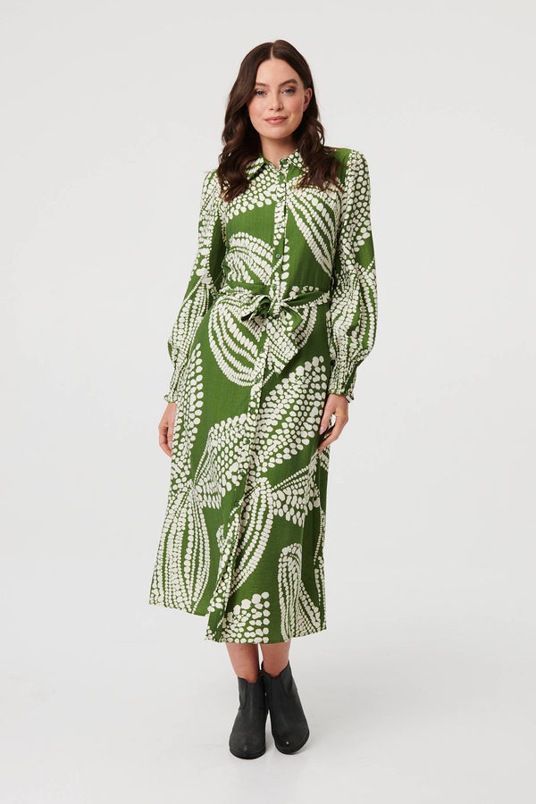 Green | Printed Balloon Sleeve Midi Shirt Dress