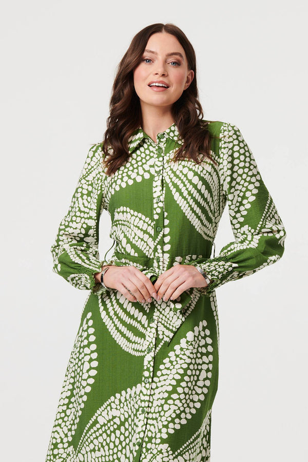 Green | Printed Balloon Sleeve Midi Shirt Dress