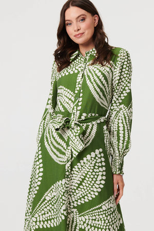 Green | Printed Balloon Sleeve Midi Shirt Dress