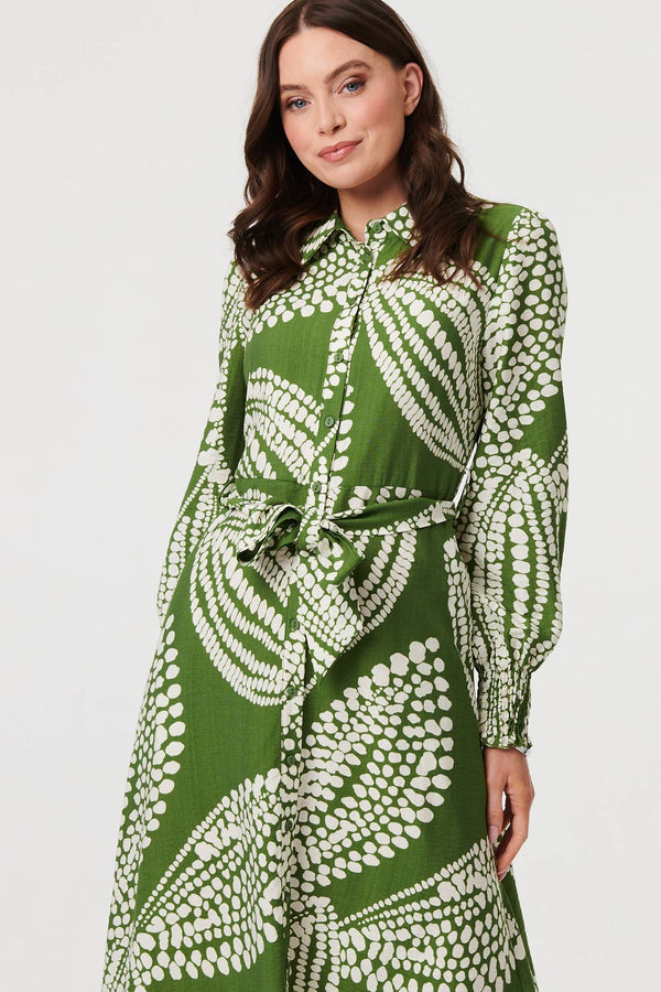 Green | Printed Balloon Sleeve Midi Shirt Dress