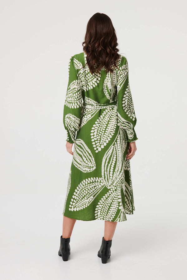 Green | Printed Balloon Sleeve Midi Shirt Dress