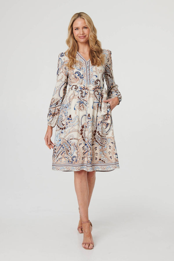 Blue | Abstract Tie Waist Knee Length Dress