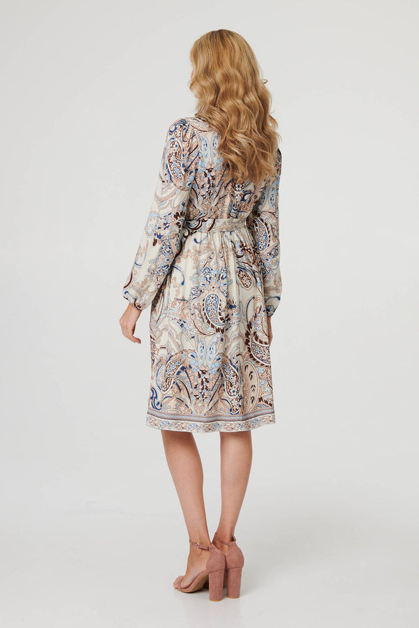 Blue | Abstract Tie Waist Knee Length Dress