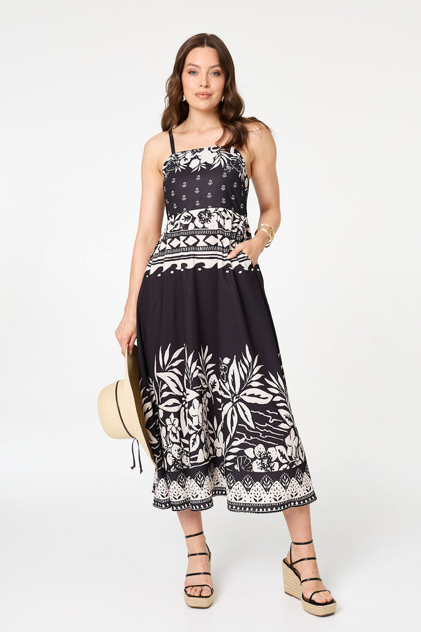 Black | Border Print Sleeveless Cami Midi Dress