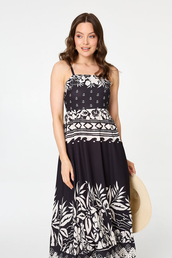 Black | Border Print Sleeveless Cami Midi Dress