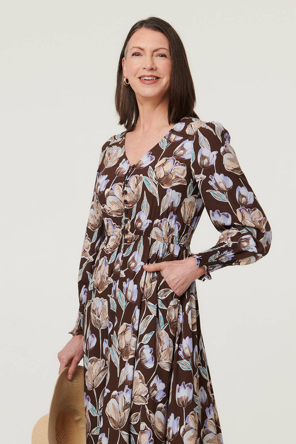 Brown | Floral Long Sleeve V-Neck Maxi Dress