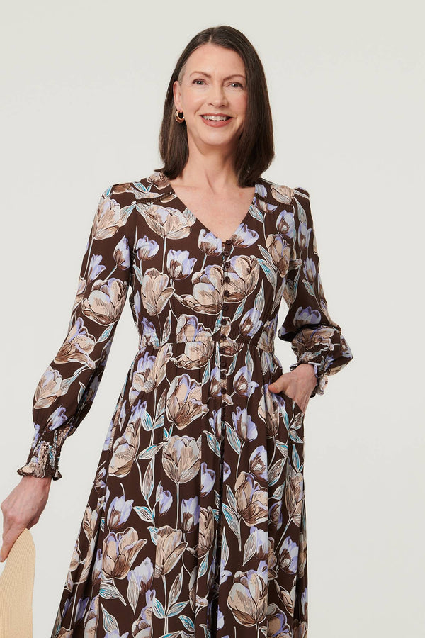 Brown | Floral Long Sleeve V-Neck Maxi Dress