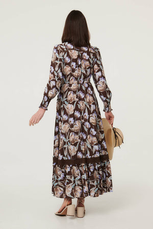 Brown | Floral Long Sleeve V-Neck Maxi Dress