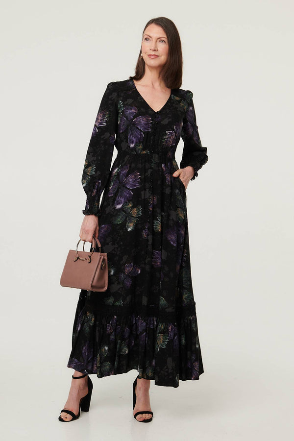 Black | Floral Tier Long Sleeve Maxi Dress