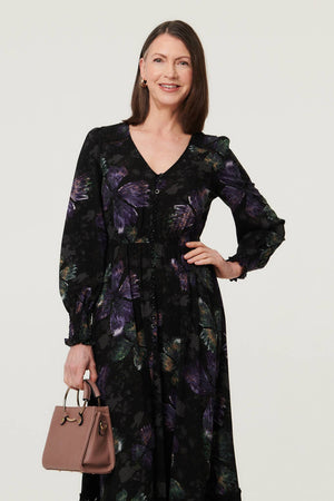Black | Floral Tier Long Sleeve Maxi Dress