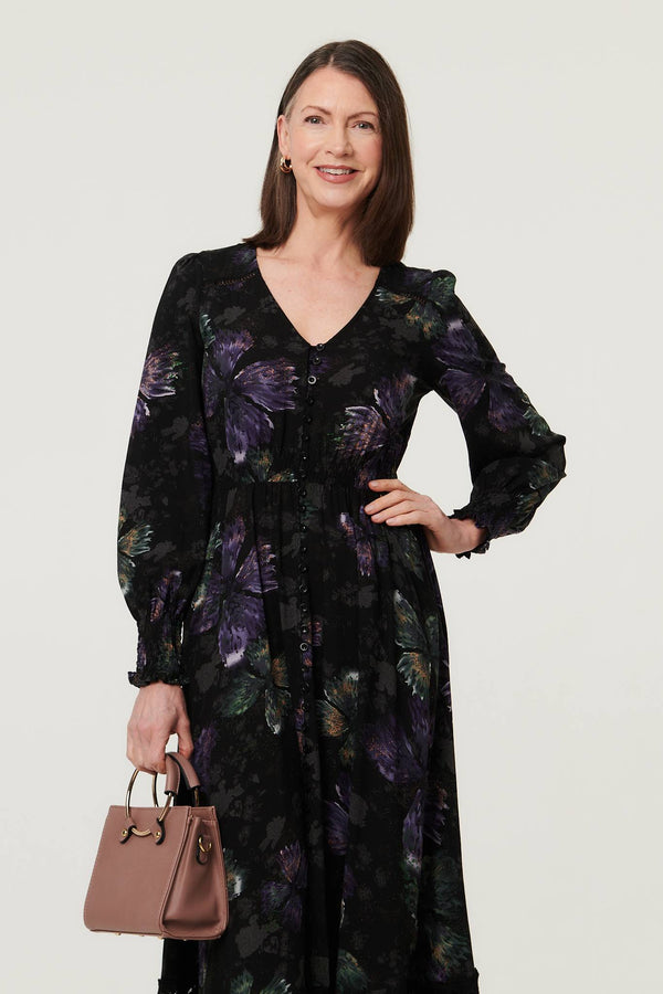 Black | Floral Tier Long Sleeve Maxi Dress