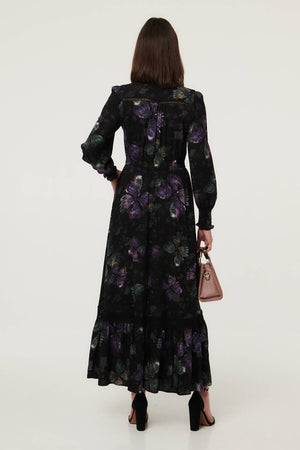 Black | Floral Tier Long Sleeve Maxi Dress