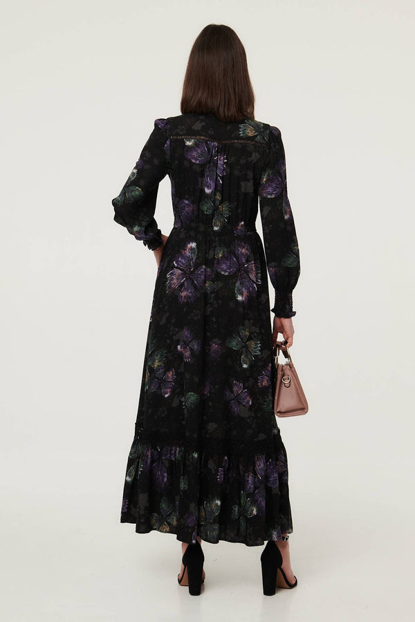 Black | Floral Tier Long Sleeve Maxi Dress