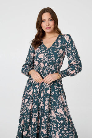 Teal | Floral Long Sleeve Lace Maxi Dress