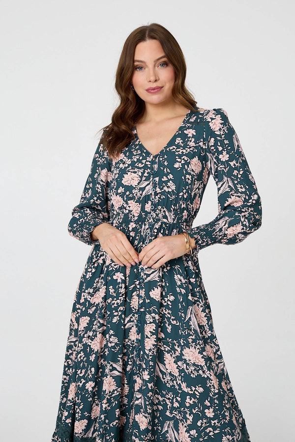 Teal | Floral Long Sleeve Lace Maxi Dress