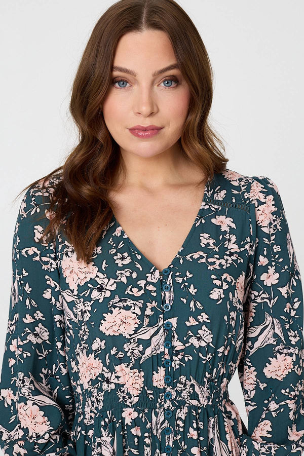Teal | Floral Long Sleeve Lace Maxi Dress