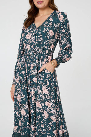 Teal | Floral Long Sleeve Lace Maxi Dress