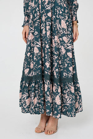 Teal | Floral Long Sleeve Lace Maxi Dress