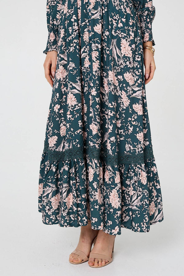 Teal | Floral Long Sleeve Lace Maxi Dress