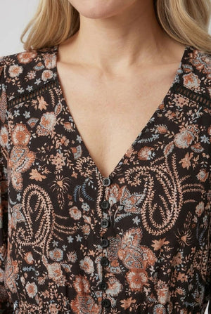 Black | Paisley Shirred Long Sleeve Maxi Dress