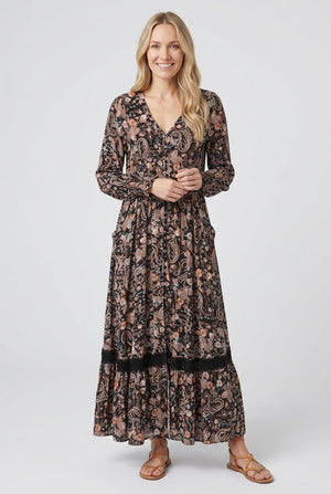 Black | Paisley Shirred Long Sleeve Maxi Dress