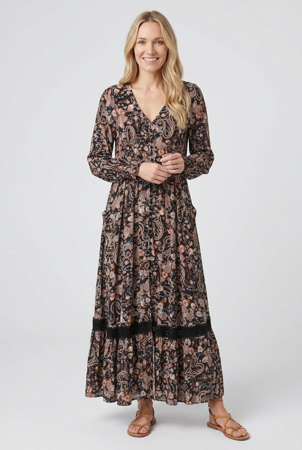 Black | Paisley Shirred Long Sleeve Maxi Dress