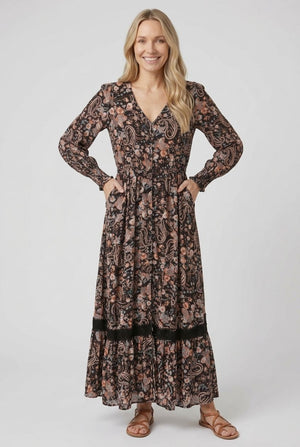 Black | Paisley Shirred Long Sleeve Maxi Dress