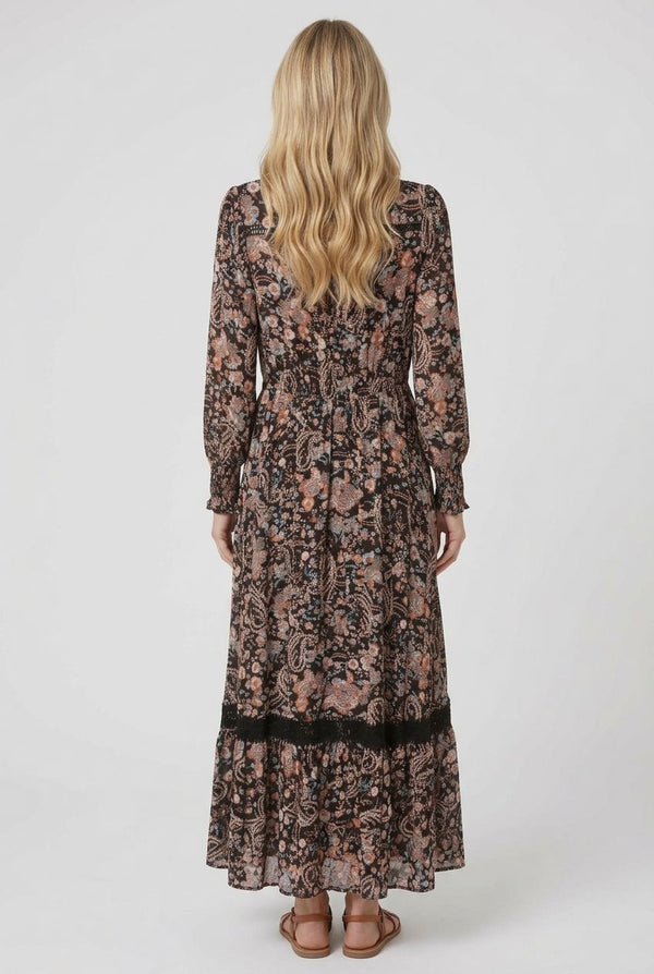 Black | Paisley Shirred Long Sleeve Maxi Dress