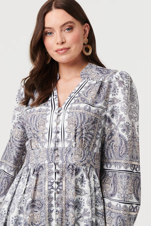 Grey | Printed Long Sleeve Shirred Midi Dress