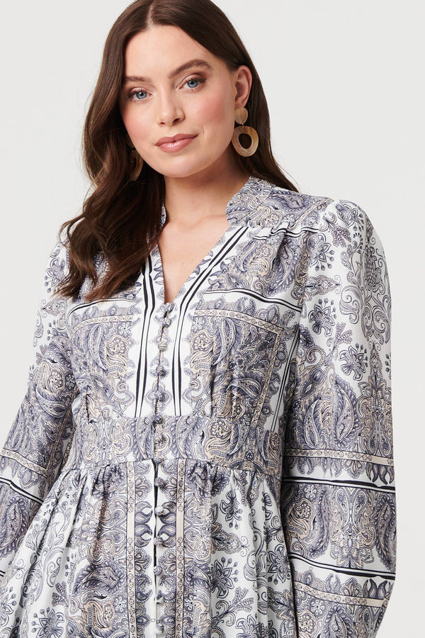 Grey | Printed Long Sleeve Shirred Midi Dress