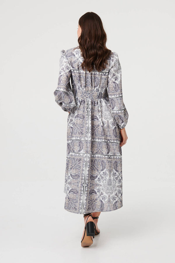 Grey | Printed Long Sleeve Shirred Midi Dress