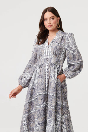 Grey | Printed Long Sleeve Shirred Midi Dress